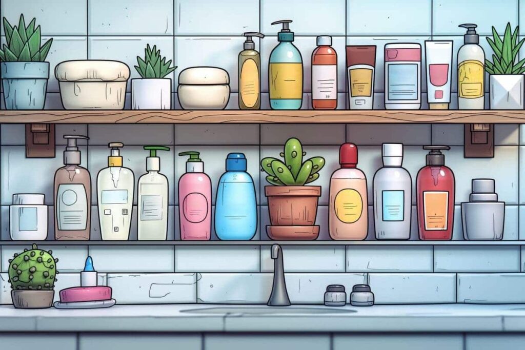 Illustration of various personal care and beauty products on shelf in bathroom.