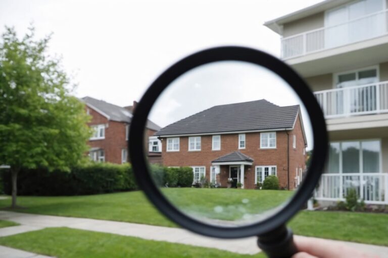 A magnifying glass is being held in front of a brick house. The house is located in a neighborhood with a green lawn and a sidewalk.