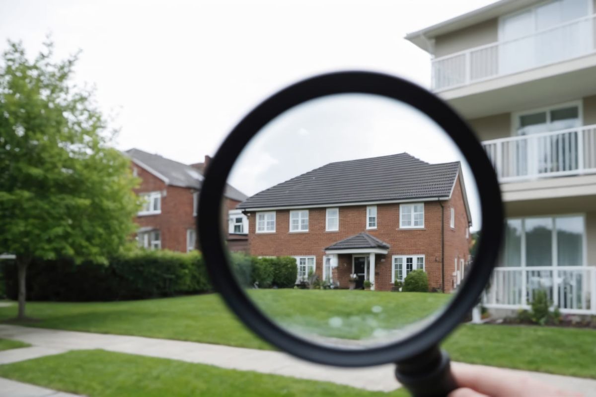 A magnifying glass is being held in front of a brick house. The house is located in a neighborhood with a green lawn and a sidewalk.