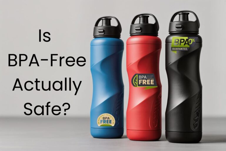 Three reusable water bottles with "BFA-FREE" stickers. Text reads: Is BPA-Free Actually Safe?