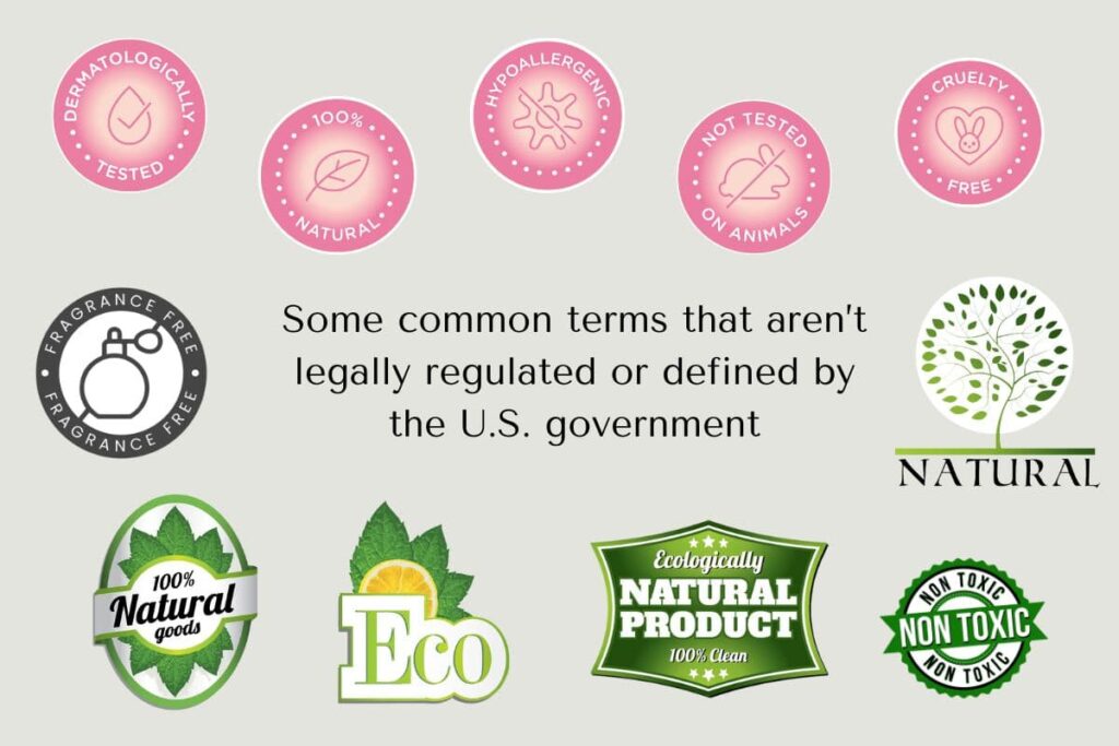 Graphic with Common terms not legally regulated by US government, including fragrance-free, non-toxic, not tested on animals.