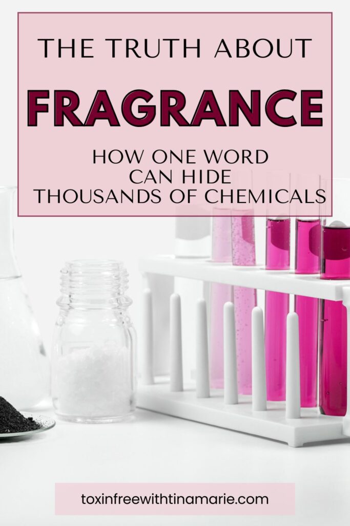 Laboratory set up with chemicals and test tubes, text reads, The truth about fragrance: how one word can hide thousands of chemicals.