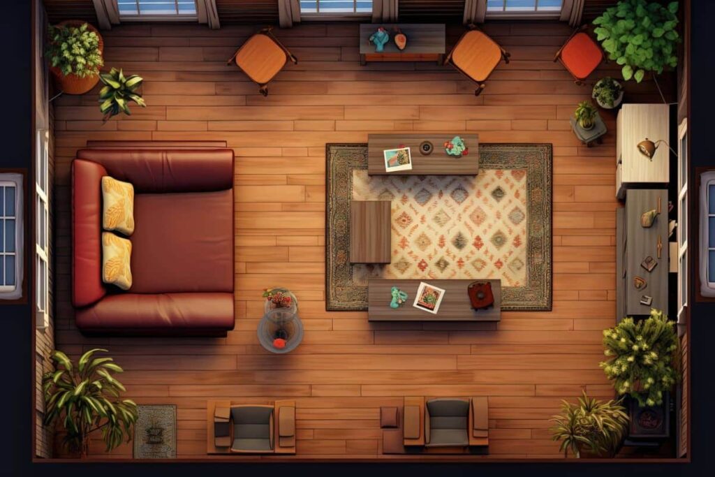Living room with desk, sofa and other furniture view from above. Casual interior top view.