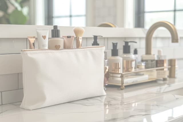 Cosmetics bag with makeup and brushes on granite bathroom counter