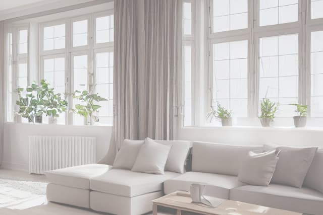 White living room with green plants, sunlight streaming in