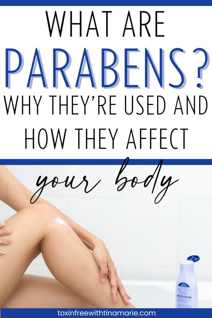 Hand applying lotion to leg, lotion bottle nearby. Text reads: What are parabens? Why they're used and how they affect your body.