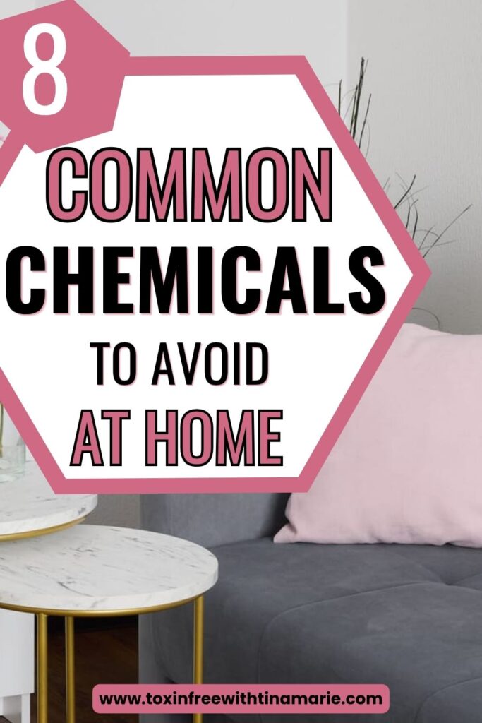 Text reads "8 hidden household toxins and how to avoid them" over a blurred living room with a gray sofa and wooden table.