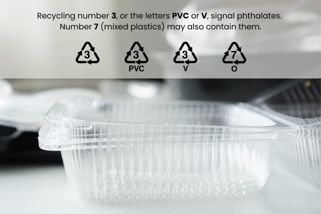 Plastic containers with recycling symbols to help avoid phthalates in everyday products.