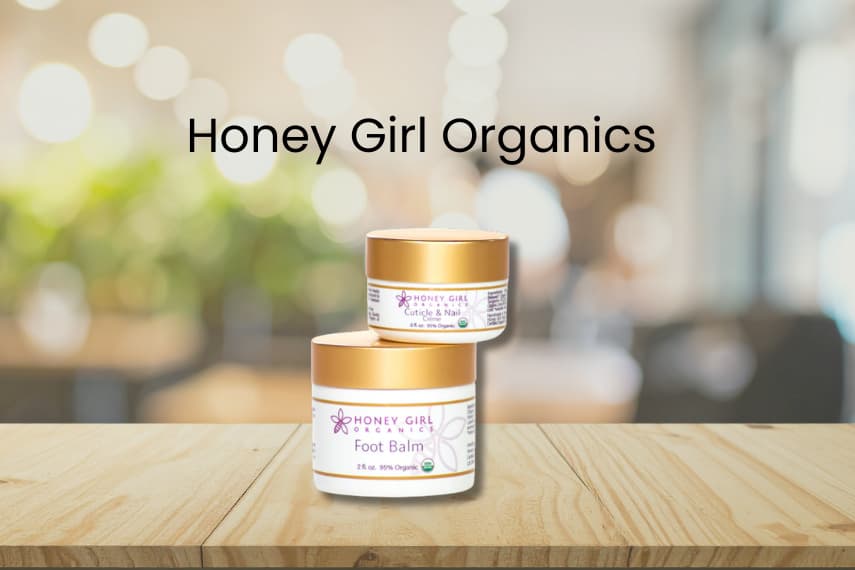 Honey Girl Organics pedicure products on counter mockup