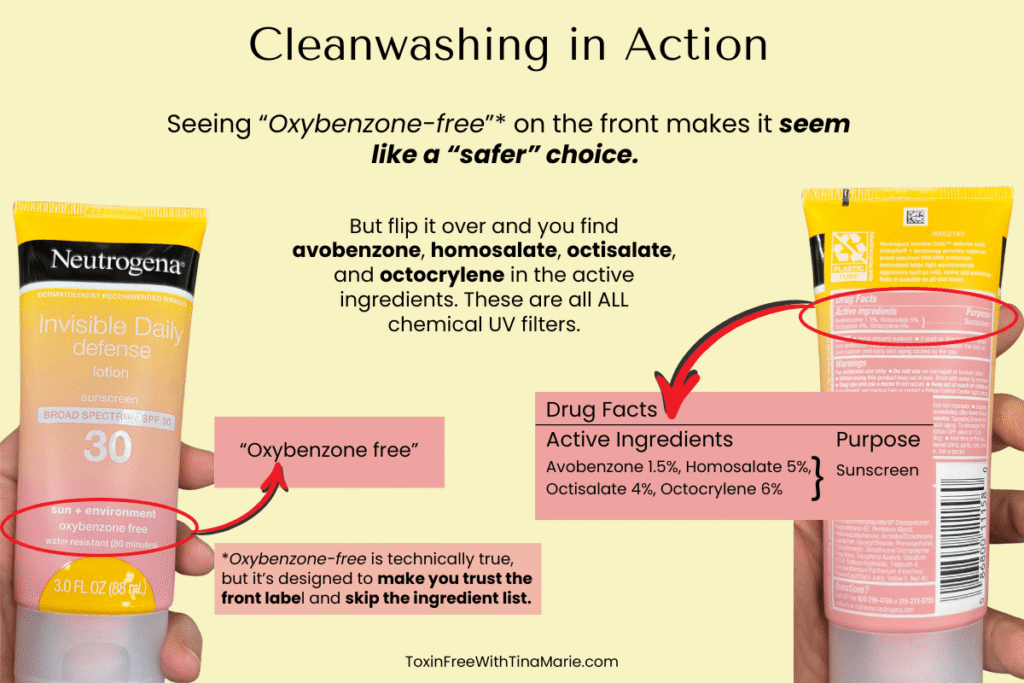 Mineral vs. chemical sunscreen: oxybenzone-free cleanwashing example on a sunscreen label.