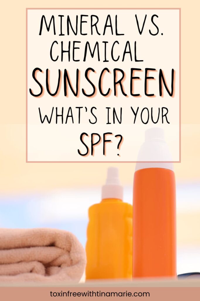 Text reads "Mineral vs. Chemical Sunscreen: What's in Your SPF?" with sunscreen bottles and a towel below. The tone is informative and casual.