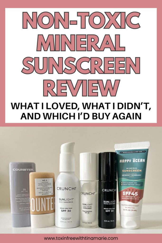 Image of a review titled 'Non-Toxic Mineral Sunscreen Review' with several sunscreen bottles displayed below, featuring brands like Counter and Crunch. The review highlights likes, dislikes, and potential repurchases.