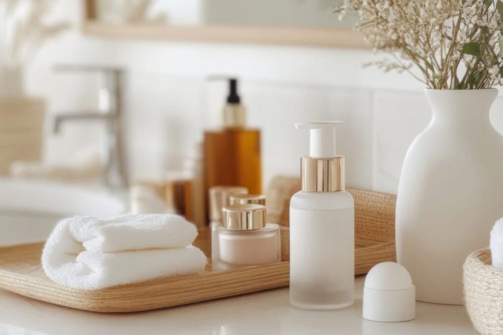 Bathroom scene with white towels rolled on a wooden tray, alongside frosted bottles, a vase with dried flowers.