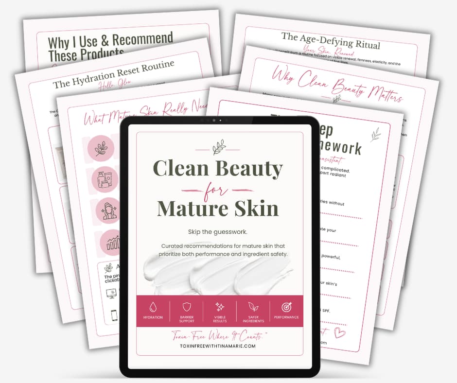 Mockup of the Clean Beauty for Mature Skin PDF guide showing skincare routines, ingredient guidance, and product recommendations.