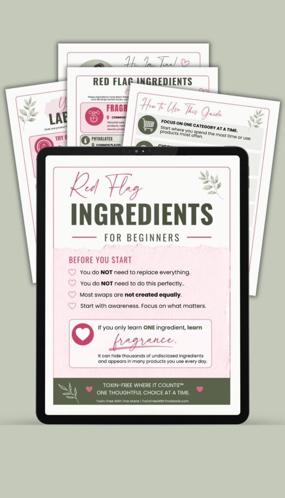 Red Flag Ingredients for Beginners cheat sheet displayed on a tablet with guide pages shown in the background.