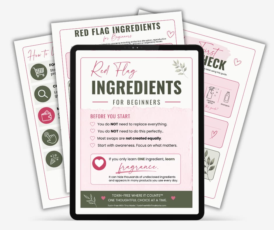 Red Flag Ingredients for Beginners cheat sheet displayed on a tablet with guide pages shown in the background.