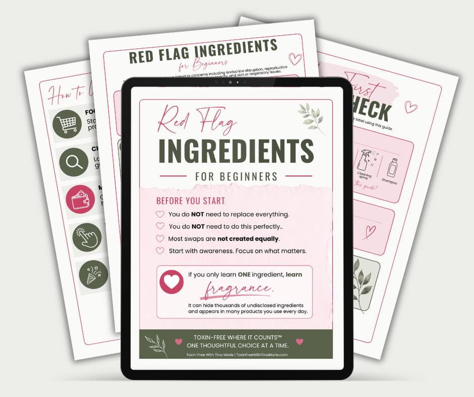 Red Flag Ingredients for Beginners cheat sheet displayed on a tablet with guide pages shown in the background.