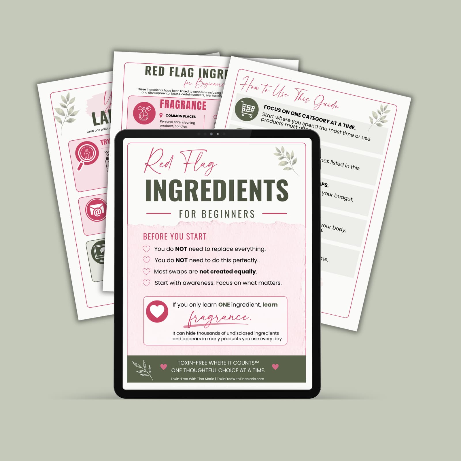 Red Flag Ingredients for Beginners cheat sheet displayed on a tablet with guide pages shown in the background.