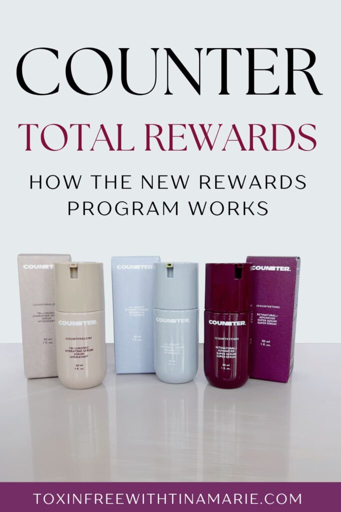 Counter Total Rewards- how the new rewards program works written above bottles and boxes of Counter serum