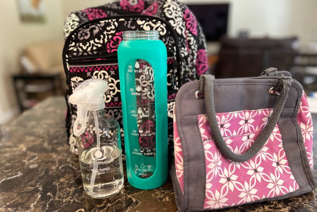 Force of Nature toxin-free cleaner for all your back to school supplies. Featuring a backpack, lunchbox, and water bottle in silicone sleeve.